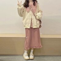 Bộ Đồ Thu Đông Nữ Sinh Áo Sơ Mi Caro Hồng Phong Cách Nhật Bản Phong Cách Hàn Quốc Chân Váy Nhung Kẻ Áo Khoác Cardigan Bộ