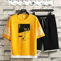 Bộ Đồ Thun Nam Phối Viền Áo Ngắn Tay Cổ Tròn Kết Hợp Quần Short Đùi Thể Thao CO-P 07 - BTT CO-P 07 VÀNG - FREE SIZE 40-70KG