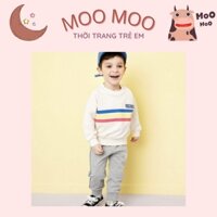 Bộ Đồ Thun Quần Áo Dài Tay Nỉ Mùa Thu Đông Cho Bé Trai Sọc Kẻ Hai Màu Trắng Xanh Phối Quần Nỉ Xám Dáng Thể Thao Cho Bé