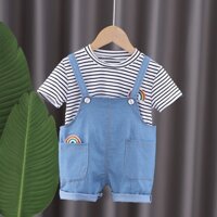 Bộ đồ thường ngày cho trẻ em 0-4 tuổi nửa cổ cao Áo thun sọc đen trắng họa tiết cầu vồng quần yếm denim hai mảnh mùa hè cotton dễ thương