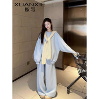 Bộ Đồ Thường Ngày Khăn Choàng Rộng Rãi Màu Xanh Áo Len Dài Tay Áo Len Nữ Mùa Thu