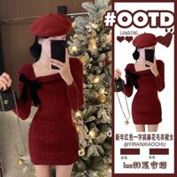 Bộ đồ thường ngày thu đông cỡ lớn Bộ đồ phong cách Hàn năm mới Màu đỏ vai nơ váy áo len Xoắn váy ngắn dệt kim ôm dáng thu đông cho nữ bộ đồ năm mới Bộ đồ năm mới