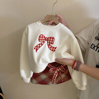 Bộ đồ trang phục bé gái Ngọt Ngào Phong Cách Hàn Quốc, áo len lót nhung NƠ THU ĐÔNG, chân váy kẻ sọc, Bộ hai chiếc