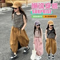 Bộ đồ trang phục mùa hè cho bé gái áo ba lỗ kẻ sọc thời trang cho bé gái kiểu Tây mẫu mới