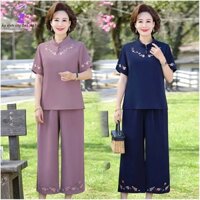 Bộ Đồ Trung Niên, Bộ Đồ Cho Mẹ Cổ Trụ Thêu Hoa Quần Ống Suông Sang Trọng Quý Phái Chất Liệu Lụa Cát Mềm Mại Thoáng Mát