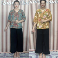 Bộ Đồ Trung Niên Cổ Tim Tay Lỡ, Áo chất cát lụa hàn châu quần đũi đen