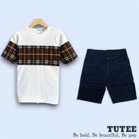 Bộ Đồ TUTEE Quần Short Jean Denim Dày Dặn Áo Thun Cổ Tròn Tay Ngắn Sọc Caro 100% Cotton Regular Fit