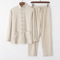 Bộ đồ vải lanh Cotton dành cho nam giới trung niên Người cao tuổi dáng rộng Phong cách Trung Quốc Bộ đồ dài tay phong cách Trung Quốc Nút cổ điển Quần áo nam Người cao tuổi trung niên dáng rộng Phong cách Trung Quốc Bộ đồ Thái Cực Quyền Bộ đồ vải lanh Cot