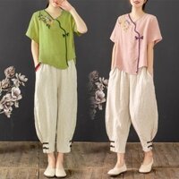 Bộ đồ vải lanh Cotton dành cho nữ hai mảnh Retro tay ngắn hàng đầu Quần áo mẹ dáng rộng mỏng hơn Phong cách dân tộc Quần có nút cho nữ Bộ đồ vải lanh Cotton Bộ đồ hai mảnh Retro tay ngắn hàng đầu Quần áo mẹ dáng rộng mỏng hơn Phong cách dân tộc Quần có nú