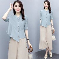 Bộ Đồ Vải Lanh Cotton Nữ 2023 Phong Cách Mới Thời Trang Quần Ống Rộng Nữ Tính Khí Mẹ Trung Niên Mặc Bộ Đồ Hai Mảnh Tay Ngắn XHHN