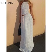 Bộ đồ váy dài cổ dây DSLONG, Áo đeo chéo hở lưng mùa hè xếp ly, Dây rút thanh lịch buộc dây ngày lễ cation Bộ 2 món trang phục dành cho nữ