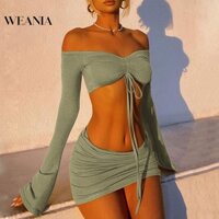 Bộ đồ WEANIA gồm áo croptop trễ vai dài tay và chân váy ôm dáng phối dây rút gợi cảm cho nữ