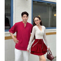 Bộ đôi Áo ren len trắng kem & váy tầng nhung đỏ xòe dễ thương