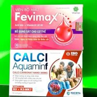 Bộ đôi Sắt III Fevimax acid folic hộp 30 viên nang mềm và CalCi Aquamin F K2-MK7, D3 hộp 30 viên nang mềm.Combo bổ sung