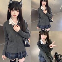 Bộ đồng phục JK mùa thu đông, áo len cardigan đan màu vàng, áo sơ mi đan cho ông, váy kẻ sọc ngọt ngào, bộ bốn món cho phụ nữ