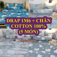 Bộ drap 1m6 + MỀN cao cấp (ga giường 5 món) cotton 100%, vải dày thấm hút mồ hôi