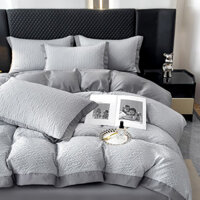 Bộ Drap giường màu xám phong cách sang trọng 4 trong 1 nhẹ nhàng Bộ chăn ga gối bằng lụa giặt 3D Bộ chăn ga gối Tấm phẳng / Vỏ gối đơn Queen King Size