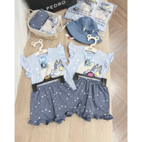 Bộ đùi hình BLUEY xanh quần chấm bi tặng kèm mũ cho bé gái