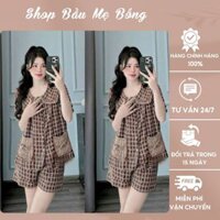 Bộ Đùi Mặc Bầu Và Sau Sinh Kẻ Caro Túi Nơ Cổ Sen Vải Đũi Phối Nhung Có Size Lớn Dành Cho Mẹ Bầu