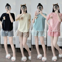 Bộ đùi mặc nhà nữ gắn hình gấu quần đùi kẻ caro nhiều màu siêu xinh