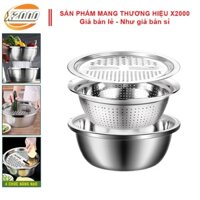 Bộ dụng cụ bào nạo rau củ, Bộ 3 món nạo rau củ kiêm rổ và thau bằng Inox cao cấp tiện Lợi đa năng