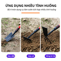 Bộ Dụng Cụ Làm Vườn MGD 4 Món: Xẻng To, Xẻng Nhỏ, Cào, Cuốc 2in1, Bộ Làm Vườn Cầm Tay Đa Năng - Cán Dài 41cm Sắc Bền