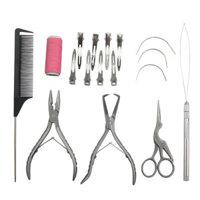 Bộ dụng cụ mở rộng tóc chuyên nghiệp 17 mảnh - Kìm, Móc đính cườm, Kéo, Kim cong & Kẹp tóc Bộ thép không gỉ cấp để dệt và mở rộng tóc DIY