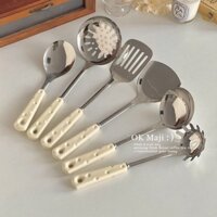 Bộ dụng cụ nhà bếp cấp thực phẩm, bộ thìa và đũa, bộ đầy đủ, thìa và đũa bằng thép không gỉ có tay cầm dài, bộ thìa và đũa nấu ăn