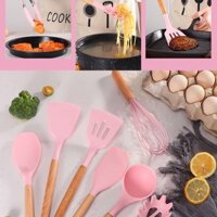 Bộ dụng cụ nhà bếp silicone có tay cầm gỗ 11 món với thùng lưu trữ, bàn chải silicone, có năm màu, chịu nhiệt độ cao, thìa chống dính, máy đánh trứng, kẹp thực phẩm, thìa súp
