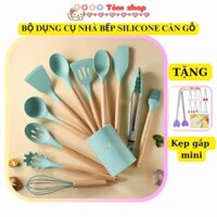 Bộ dụng cụ nhà bếp silicone cán gỗ kèm chậu nhựa 11 món, Baby Tôm, dụng cụ nhà bếp silicon an toàn,dụng cụ làm bánh