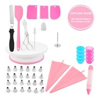 Bộ dụng cụ trang trí bánh kem bàn xoay, 24 đui bắt kem màu hồng