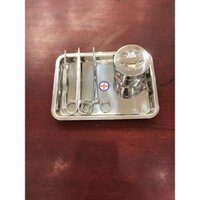 Bộ dụng cụ y tế gia đình cơ bản (dụng cụ sơ cứu inox) Khay 17x22cm/ Kéo thẳng 16cm/ Nhíp 14cm/ Pen thẳng 16cm/ Hộp 7.5cm