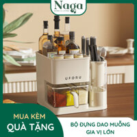 Bộ đựng gia vị kèm khay đựng muỗng đũa chính hãng Uforu nhựa sinh học chất lượng màu kem sang trọng