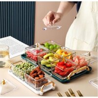 Bộ Đựng Mứt Tết 6 hũ thủy tinh  trong suốt, sang trọng kèm Khay Nhựa ABS An Toàn
