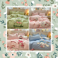 Bộ Ga Giường Hello Kitty Kuromi Cinnamoroll Bộ Chăn Ga Gối 4 Món Chất Liệu Đũi Dệt Thoáng Mát