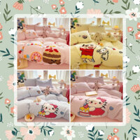 Bộ Ga Giường Hello Kitty Capybara Kuromi Bộ Chăn Ga Gối 4 Món Chất Liệu Đũi Dệt Mềm Mịn Thoáng Mát