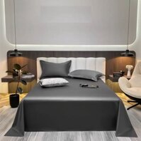 Bộ ga giường phi lụa trơn LIDACO chất liệu lụa mượt mà, óng ả decor phòng ngủ vintage - Ghi đậm - 1m2x2m-Nệm dày 21-25cm