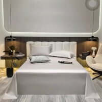 Bộ ga giường phi lụa trơn LIDACO chất liệu lụa mượt mà, óng ả decor phòng ngủ vintage - Ghi nhạt - 1m4x2m-Nệm dày 21-25cm