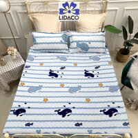 Bộ ga giương poly cotton LIDACO drap giường đủ size nệm 1m2, 1m4, 1m6, 1m8 Tăng 01 vo gôi ôm - Cá heo kẻ - 1m4x2m