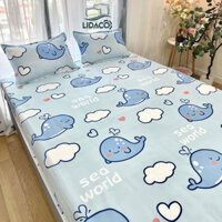 Bộ ga giương poly cotton LIDACO drap giường đủ size nệm 1m2, 1m4, 1m6, 1m8 Tăng 01 vo gôi ôm - Cá voi xanh - 1m4x2m