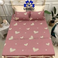 Bộ ga giương poly cotton LIDACO drap giường đủ size nệm 1m2, 1m4, 1m6, 1m8 Tăng 01 vo gôi ôm - Tim hồng - 1m4x2m
