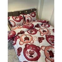 Bộ ga gối chăn phao 5 món đầu gấu đỏ poly cotton chăn trần bông dày hàng loại 1