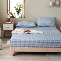 Bộ Ga Gối Cotton Tici Kẻ LIDACO Cao Cấp - Caro Xanh - Tặng 01 Vỏ Gối Ôm - 1m5 x 2m - Dưới 12cm