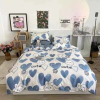 Bộ ga gối ga trải giường,ga chun bọc đệm 1m 1M2 1m4 1m5 1m6M Poly cotton kèm 2 áo gối Vải mềm mịn mẫu thỏ tim xanh