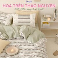 Bộ ga gối Hàn Quốc + vỏ chăn hoa trên thảo nguyên, ga xanh mint(ga 1.8mx2m,chăn 2m*2.3m) LT45