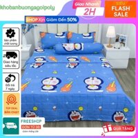 Bộ ga gối poly kích thước 2mx2m2 bọc đệm dày 20cm trở xuống, mẫu doremon đàn