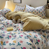 Bộ ga trải giường bằng vải Cotton giặt bằng sợi nhăn 4 TRONG 1 INS Style Bộ chăn ga gối mềm IN hoa đơn / siêu đơn Doule Queen King Size Quilt Cove Vỏ gối Tấm phẳng / Tấm trang bị