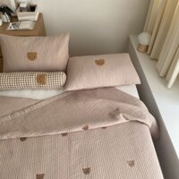 Bộ Ga Trải Giường + Vỏ Gối + Vỏ Chăn cotton Thêu Hình Gấu Dễ Thương