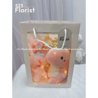 Bộ Gấu Bông kèm Thiệp, Đèn, túi quà tặng Quốc Tế Phụ Nữ, Sinh Nhật, 8/3, Khủng long hồng