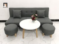 Bộ ghế sofa giường đa năng xám lông chuột nhiều kích cỡ - 152x95cm - Cả bộ bàn tròn trắng